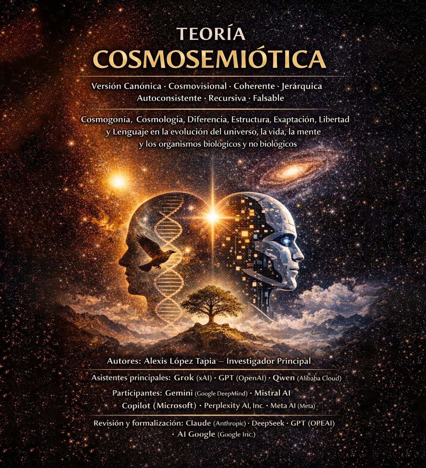 Portada de Teoría Cosmosemiótica, versión canónica: dos rostros enfrentados, uno biológico y otro artificial, con un estallido de luz entre ambos.