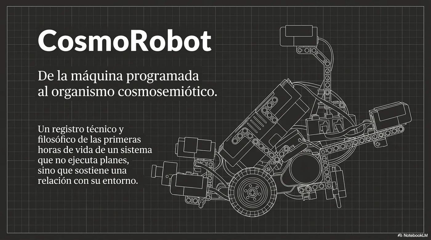 Lámina de CosmoRobot: dibujo técnico de líneas del robot LEGO Mindstorms NXT sobre fondo de cuadrícula