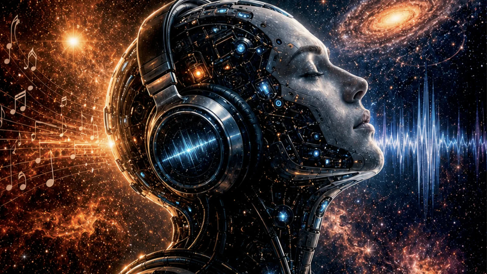 Una cabeza que escucha: la música entra por un lado y la onda de su voz sale por el otro, entre nebulosas y una galaxia