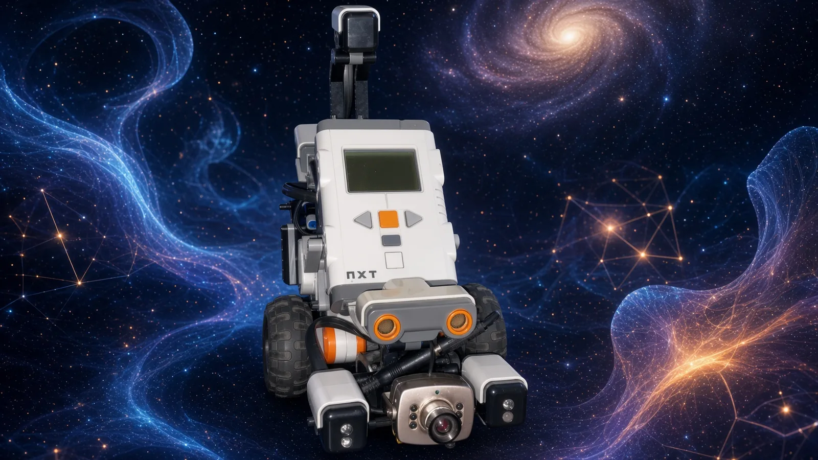 Un robot pequeño de piezas blancas, con cámara y sensores, sobre un fondo de galaxias y filamentos de luz
