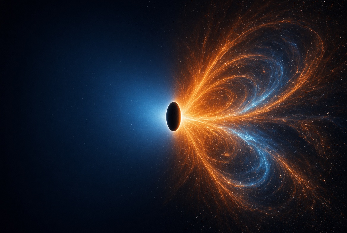 Un óvalo oscuro del que brota luz hacia un solo lado: filamentos naranjas y azules que se abren en abanico sobre un fondo estrellado, mientras el otro lado queda vacío