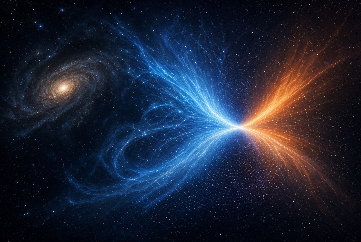 Un punto luminoso del que se despliegan dos abanicos de filamentos, con una galaxia al fondo