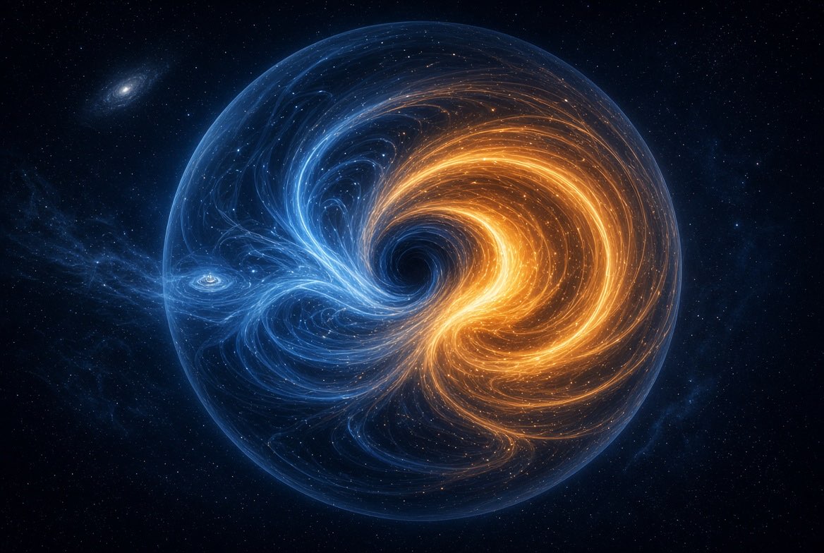 Una esfera dividida en dos espirales entrelazadas, una azul y otra naranja