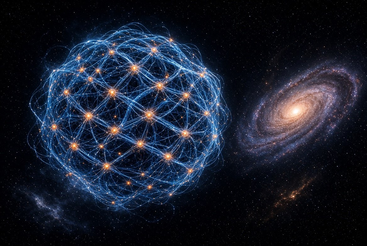 Una esfera hecha de nodos y vínculos junto a una galaxia espiral real
