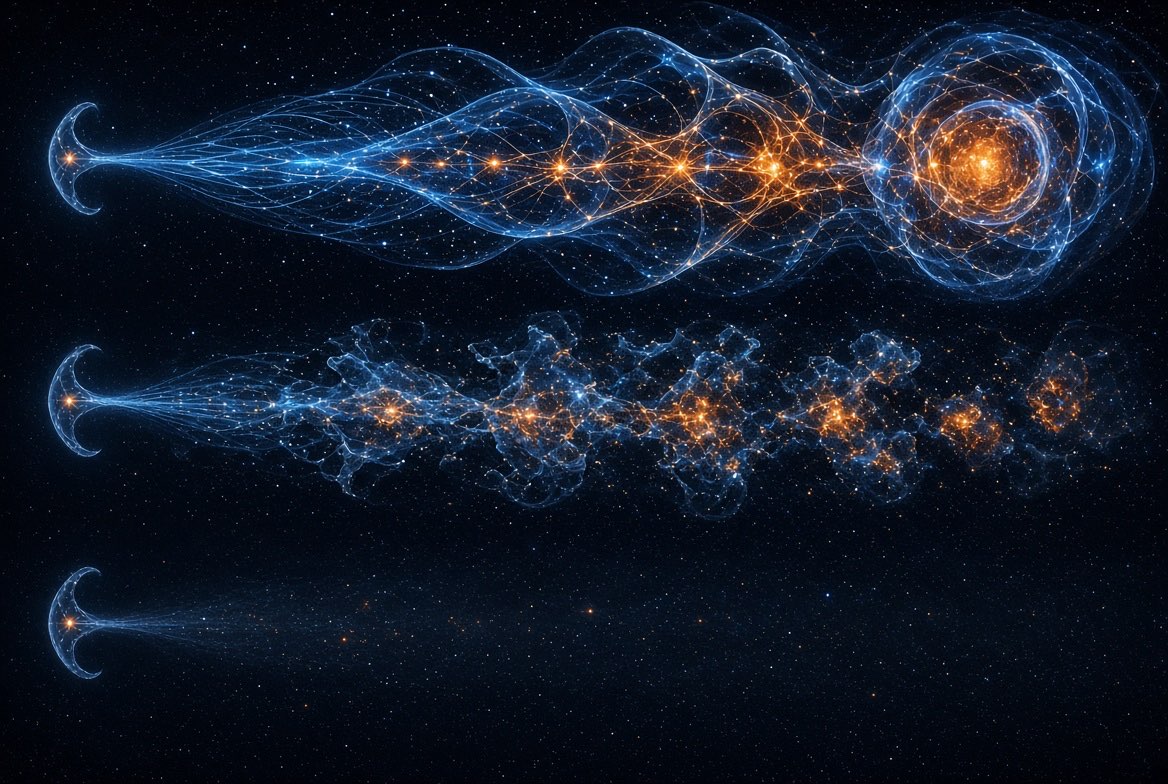 Tres trayectorias horizontales que parten del mismo origen: una florece, otra se dispersa, la tercera se apaga