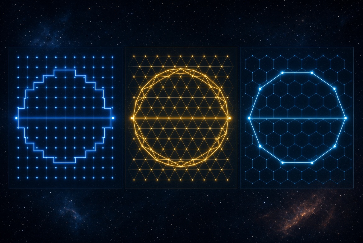 Tres paneles, cada uno con un círculo trazado sobre una retícula distinta: cuadriculada en azul, triangular en dorado y hexagonal en azul, con su diámetro marcado
